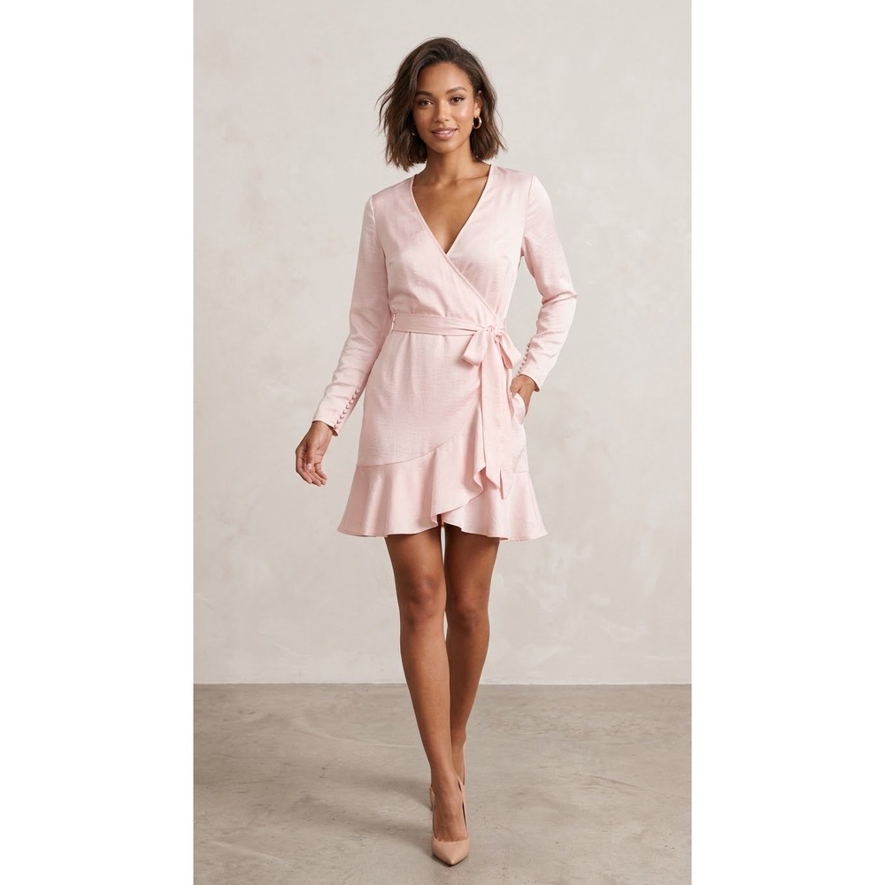 L'Academie Women Blush Pink Satin Ruffle Wrap Mini Dress Long Sleeve S Chic